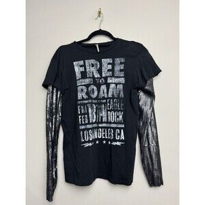 Free People Blackstage Graphic Shirt Size XS Black Long Sleeve Sequin Womens